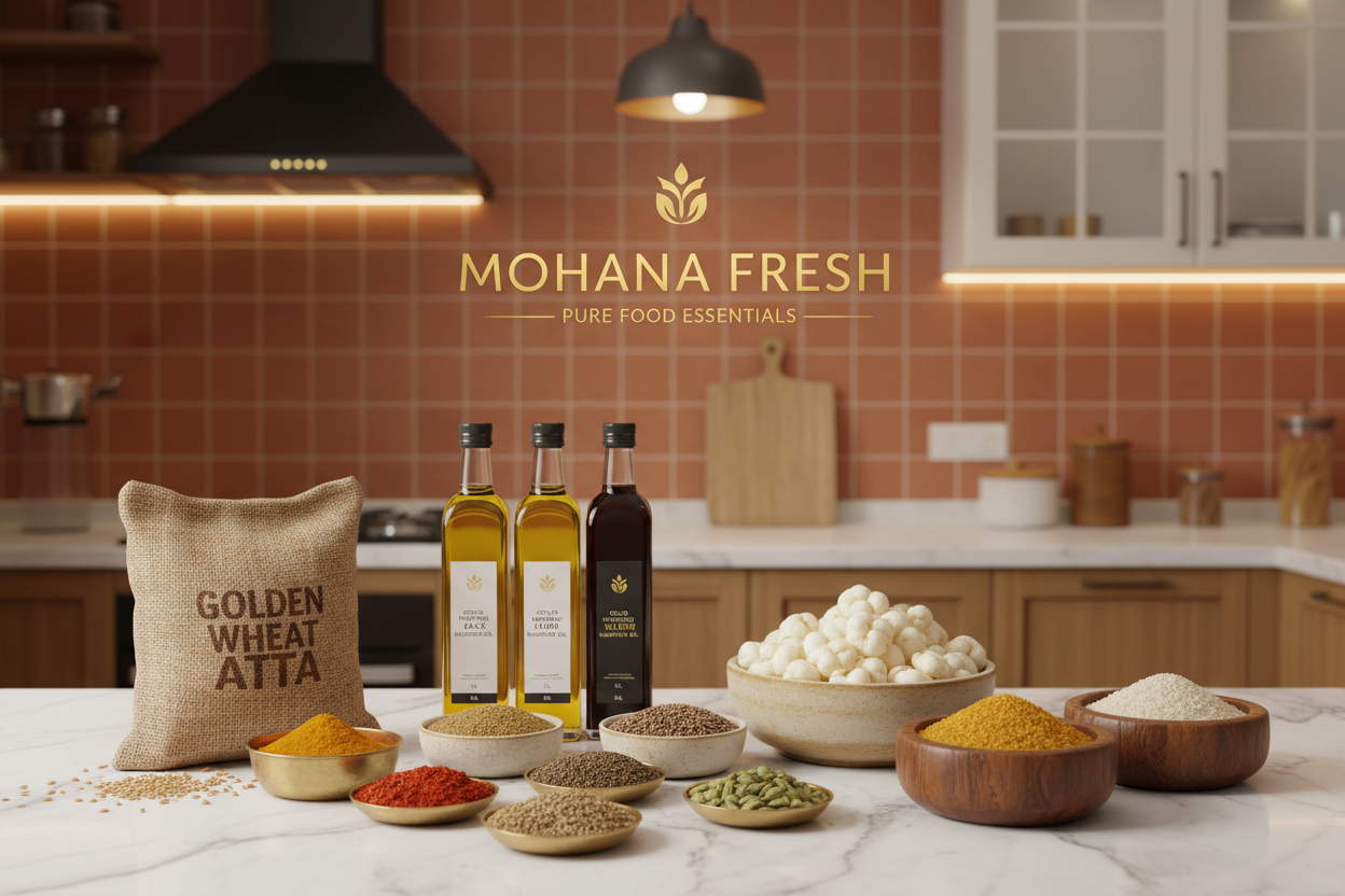 A premium Indian grocery brand banner for “Mohana Fresh”, showcasing pure food essentials. Display bottles of black and yellow mustard oil (1L and 5L), bowls of whole spices and spice powders (haldi, lal mirch powder, kali mirch, jeera, sabut dhaniya, saunf, elaichi), wheat atta in a traditional sack, makhana (fox nuts), and natural sweeteners like shakkar and khand. Set in a clean, modern Indian kitchen background with warm lighting, earthy tones, fresh ingredients, and a traditional yet premium look. The 